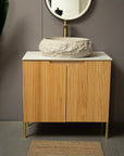Astra Series 18" Oval Sculpted Resin Stone Vessel Basin in ivory displayed on wooden vanity, front view | ACE DECOR