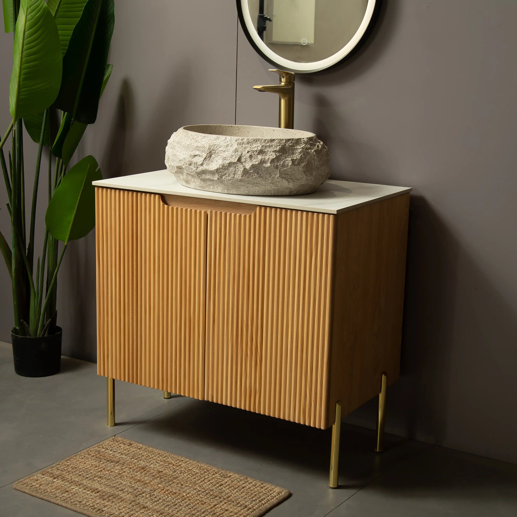Ivory Astra Series 18" Oval Sculpted Resin Stone Vessel Basin styled on modern wooden vanity, angled view | ACE DECOR