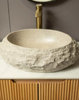 Detail of Astra Series 18" Oval Sculpted Resin Stone Vessel Basin in ivory stone texture | ACE DECOR