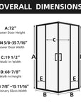 Overrall dimensions of the Serava Series corner sliding shower enclosure.
