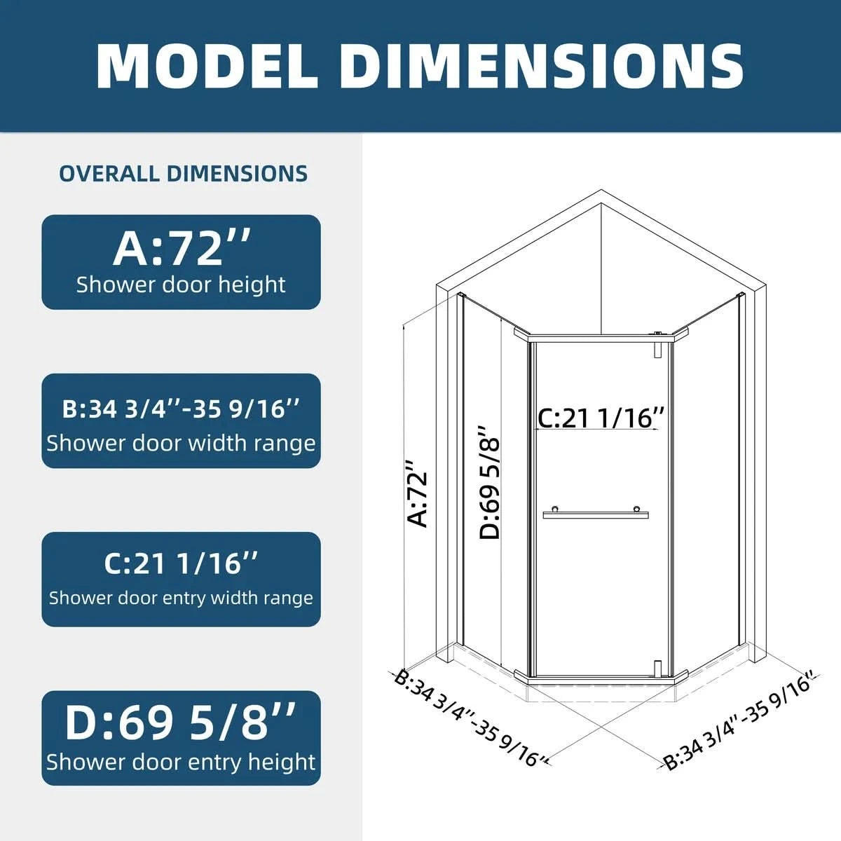 36" x 36" x 72" semi-frameless corner shower enclosure dimensions chart, modern frameless corner shower enclosures guide | Ace Decor