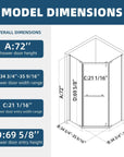 36" x 36" x 72" semi-frameless corner shower enclosure dimensions chart, modern frameless corner shower enclosures guide | Ace Decor