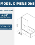 34 x 58 bathtub half glass door dimension diagram showing height and width range | Ace Decor
