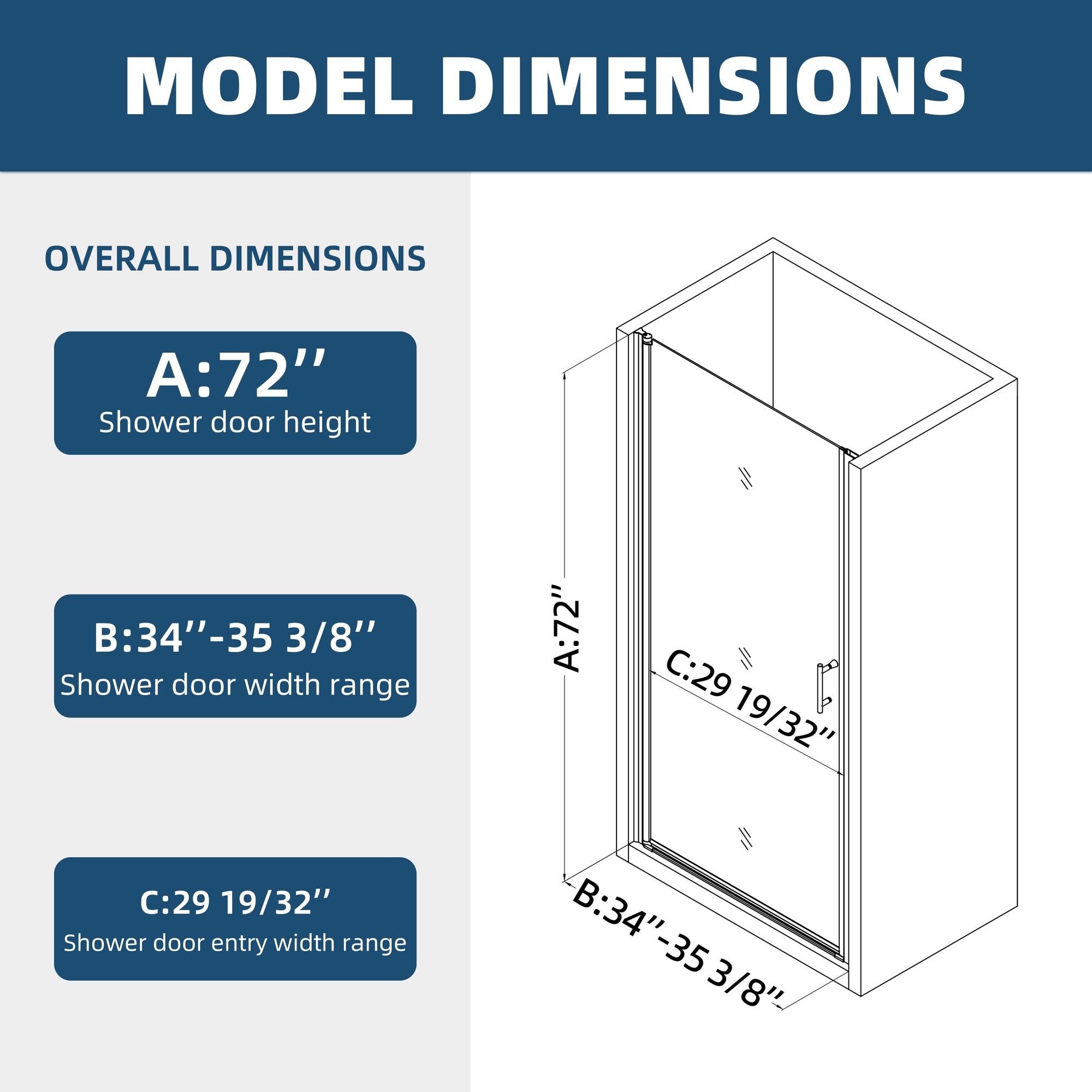 Model dimensions of 34x72 semi-frameless pivot shower door with height, width, and entry measurements | Ace Decor