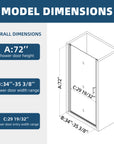 Model dimensions of 34x72 semi-frameless pivot shower door with height, width, and entry measurements | Ace Decor