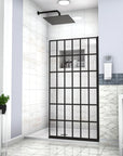 38 x 72 inch black frame shower panel installed in a modern bathroom with black rain shower head.