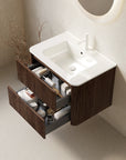 Ravello Series Walnut Floating Vanity with open drawers showing organized bathroom storage space.