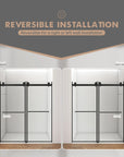 Reversible installation design of 60 x 76 shower frameless door in matte black, allowing left or right wall mounting | Ace Decor.