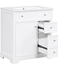 30 inch freestanding bathroom vanity with two functional drawers pulled open.