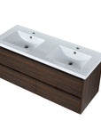 Angle view of the 48 inch wall-mounted dual sinks bathroom vanity in walnut finish.