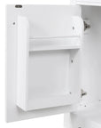 Close-up of built-in storage rack on the cabinet door of 30 inch white bathroom vanity.