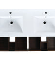 Dual resin sinks with pre-drilled faucet holes and overflow in the 48 inch wall-mounted bathroom vanity in walnut finihs.