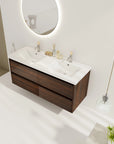 Angled view of the california walnut 48 inch bathroom vanity in a modern bathroom.