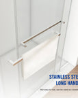 Stainless steel long handle on 60 x 76 frameless shower doors near me, doubling as a towel rack for modern functionality | Ace Decor.