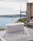 Nectar Series 67" oval freestanding soaking tub in panoramic harbor view bathroom.