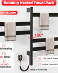 Rotating Velin black electric towel warmer for bathroom with 180° swing bars and rapid heating function | Ace Decor