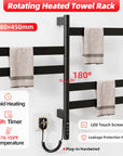 Rotating Velin black electric towel warmer for bathroom with 180° swing bars and rapid heating function | Ace Decor