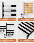 Velin Series electric towel warmer for bathroom made of stainless steel with carbon fiber heating and IPX5 waterproof rating | Ace Decor