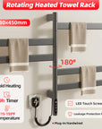 Velin Series gunmetal gray electric towel warmer for bathroom with 180° rotating bars and LED touch control | Ace Decor