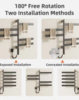 Velin Series electric towel warmer for bathroom with 180° rotation and dual installation options | Ace Decor