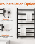 20 x 32 bathroom towel warmer with plug-in and hardwired installation options displayed on wall.