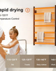 Wall-mounted 20 x 32 bathroom towel warmer with adjustable 115–155°F heating for quick drying.