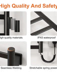 Close-up of 20 x 32 bathroom towel warmer highlighting waterproof build, seamless welding, and spring cord.