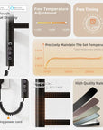 LED digital control and temperature adjustment features of black heated towel rack | Ace Decor