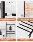 Durable heated towel rack made of stainless steel and SPCC mild steel with carbon fiber heating and IPX5 waterproof design | Ace Decor