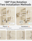 White towel rack heater with 180° rotation and dual installation methods, plug-in or hardwired | Ace Decor