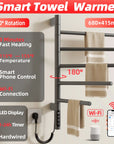 Fast-heating gray towel heater rack with 180° rotation, WiFi connection, and LED timer display | Ace Decor