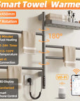 gray 18 x 27 heated towel rack with shelf featuring Wi-Fi control and LED display | Ace Decor