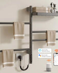gray 18 x 27 heated towel rack with shelf supporting Alexa and Google Assistant voice control | Ace Decor