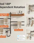 5-rod 180-degree rotating gray heated towel rack with shelf 18 x 27 for bathroom organization | Ace Decor