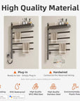 gray 18 x 27 heated towel rack with shelf showing plug-in and hardwired installation options | Ace Decor
