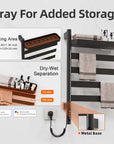 18 x 30 matte black electric towel rack showing added storage tray and dry-wet separation design | Ace Decor