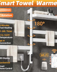 18 x 30 white heated towel rack with 180-degree rotation, LED display, and WiFi smart control | Ace Decor