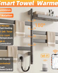 gray smart heated towel rack 18 x 30 with 180° rotating bars, LED display, and WiFi connection | Ace Decor