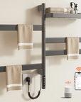 gray WiFi heated towel rack 18 x 30 with towels, top shelf, and smartphone smart control | Ace Decor