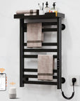Matte black Thervon Series towel warmer nearby 18 x 27 smart Wi-Fi model with shelf and voice assistant support | Ace Decor