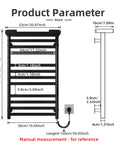 Black heated towel rack dimension chart with detailed measurements in inches and centimeters.