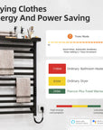 Energy-efficient heated towel rack at 290W with timer and auto-shutdown, compared to traditional bathroom heaters and dryers.