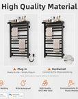 Heated towel rack with SPCC steel, laser welding, IPX5 waterproof rating, and plug-in or hardwired installation options.