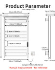 White heated towel rack dimension chart with detailed measurements in inches and centimeters.