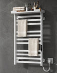 White heated towel rack mounted on gray marble bathroom wall with storage shelf and LED touch panel.