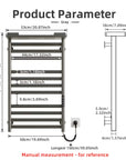 Gray heated towel rack dimension chart with detailed measurements in inches and centimeters.