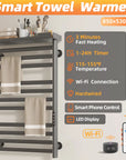 Smart heated towel rack feature highlights with WiFi control, adjustable temperature 115-155°F, 1-24H timer, and LED display.