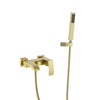 AURELIA Brushed Gold Wall-Mounted Bathtub Faucet with handheld shower, modern luxury bathroom fixture.