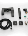 Package contents for the AURELIA matte black wall-mounted bathtub faucet with hand shower.