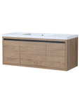 Front view of 47" wall mounted bathroom vanity with sink in imitative oak with integrated white resin top | Ace Decor